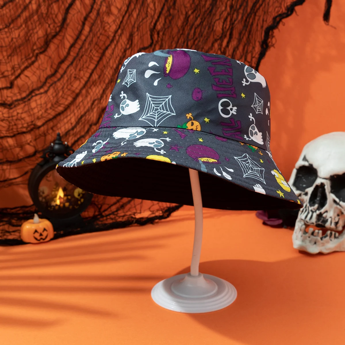 European and American fashionable printed double-sided fisherman hat, Halloween style casual flat-topped basin hat