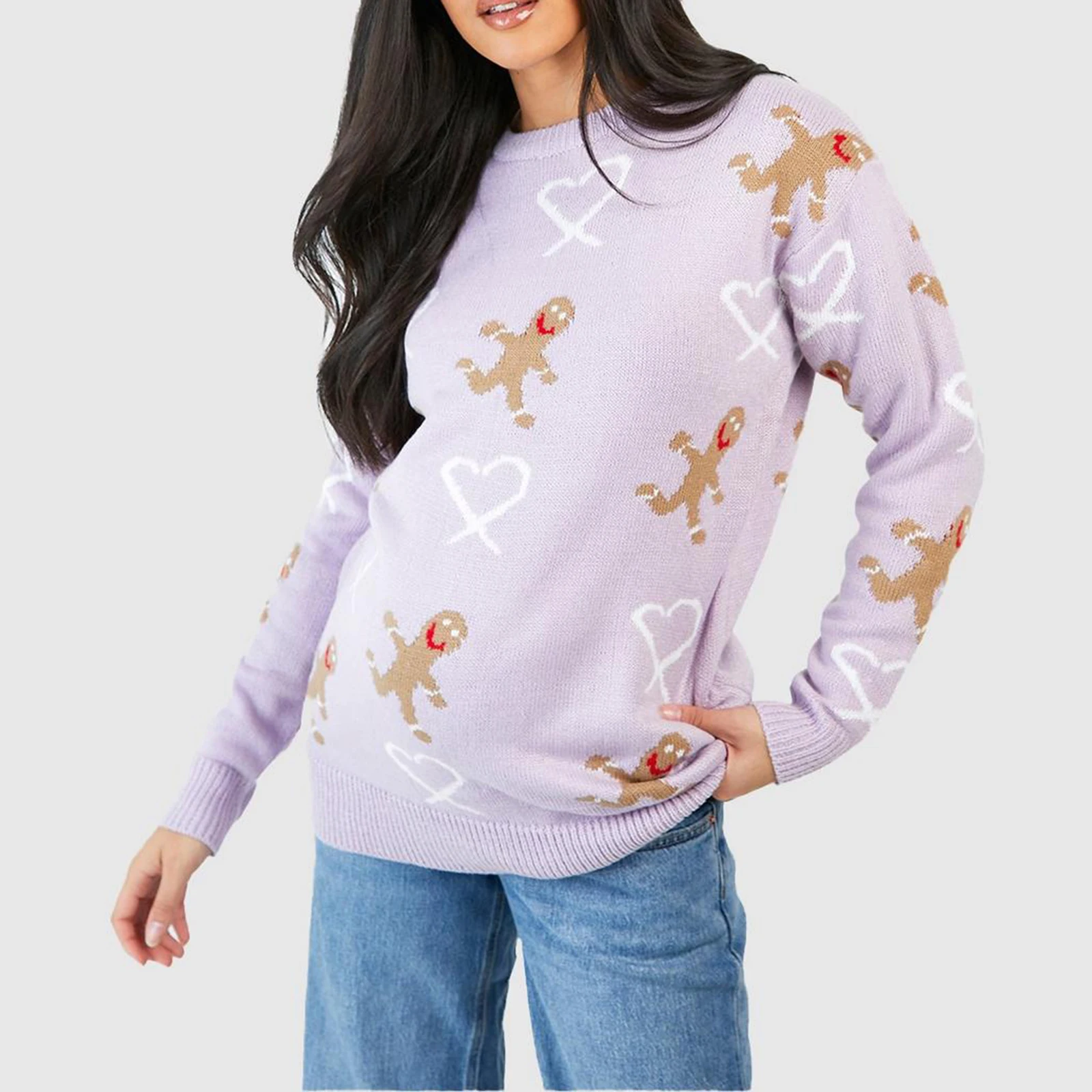 Women Christmas Sweater Gingerbread Man Print Long Sleeve Round Neck Pullovers Fall Winter Casual Loose Jumpers Knit Tops