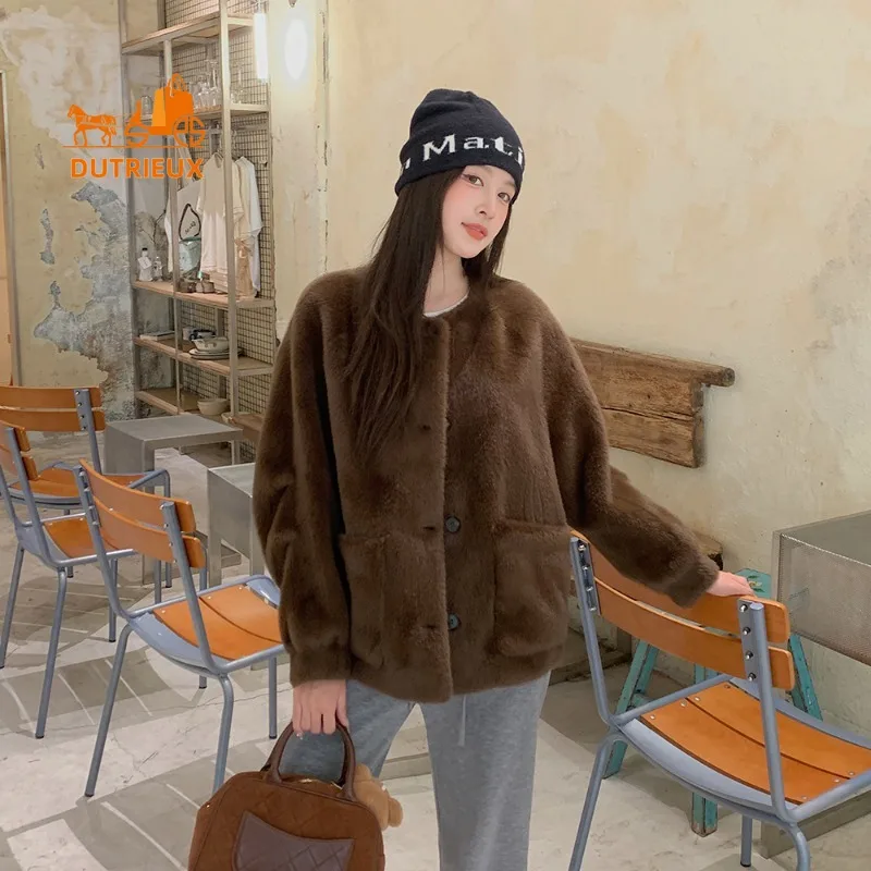 2025 New Winter Women's Round Neck Real Mink Jacket, 100% Real Mink Fur, Fashion Travel Ski Warm Thickened Women's Mink Coat