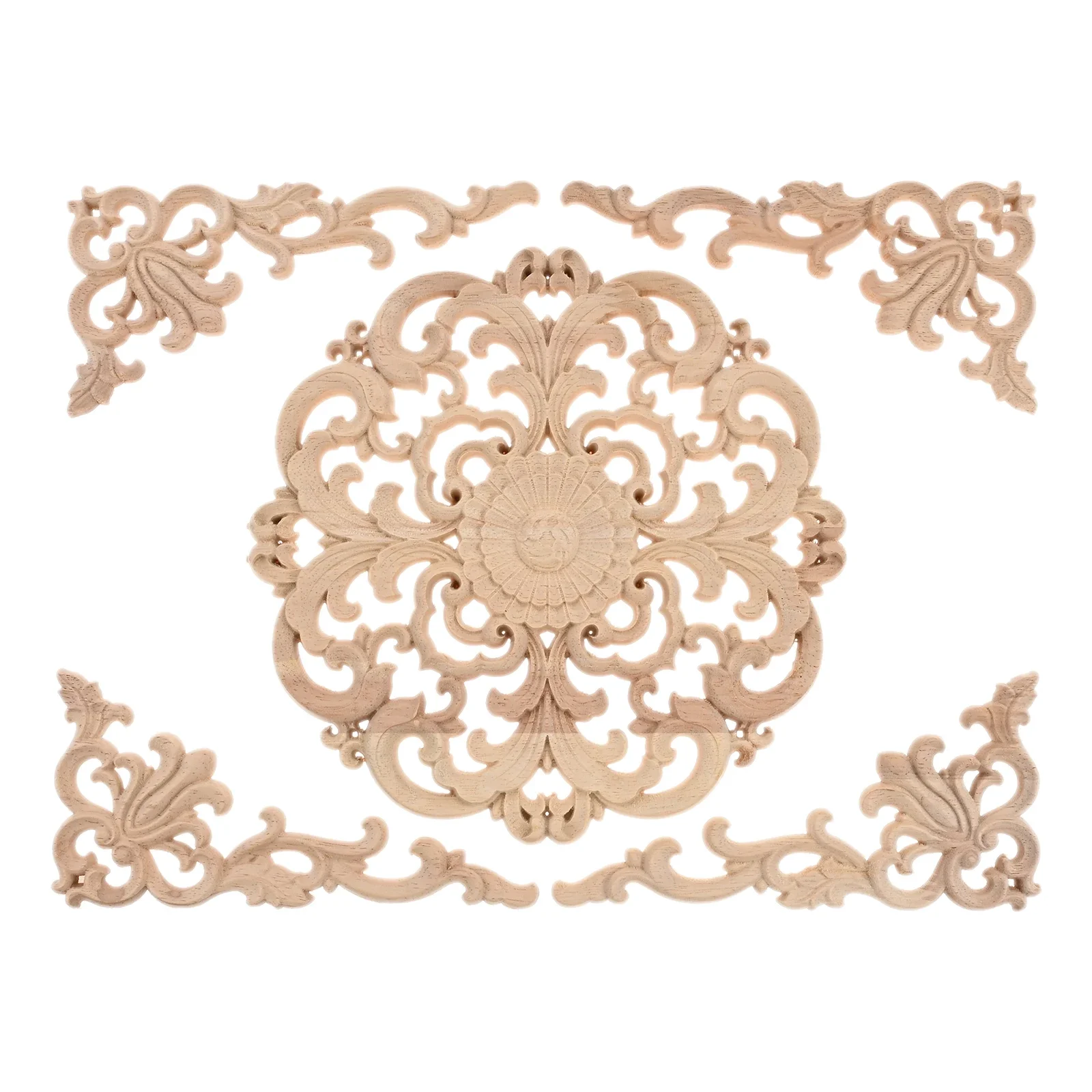 5pcs/set Decor Wooden Decals 20cm Round Onlays 16cm Triangle Hollow Flower European Style Ornament Decor Furniture Home/Hotels