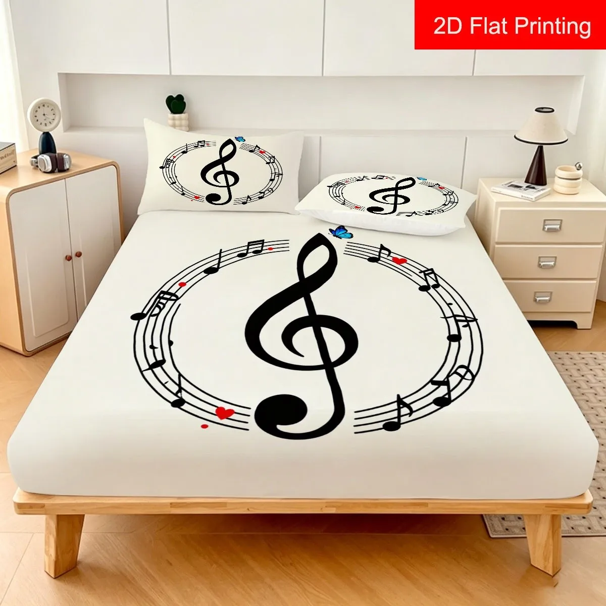 Fun Musical Note 2D Digital Print Three-Piece Bedding Set, 3-Piece Bedding Set, Various Sizes Available, Suitable as a Gift, Three-Piece Bedding Set (Includes 1 Fitted Sheet + 2 Pillowcases), Large Capacity Deep Bedding Set, Mattress Protector, Fitted Sheet Style with Elastic Band, Protective Cover, Mattress Protector, Machine Washable Design, Holiday Decoration, Various Sizes, Breathable Protective Cover with Pillowcase
