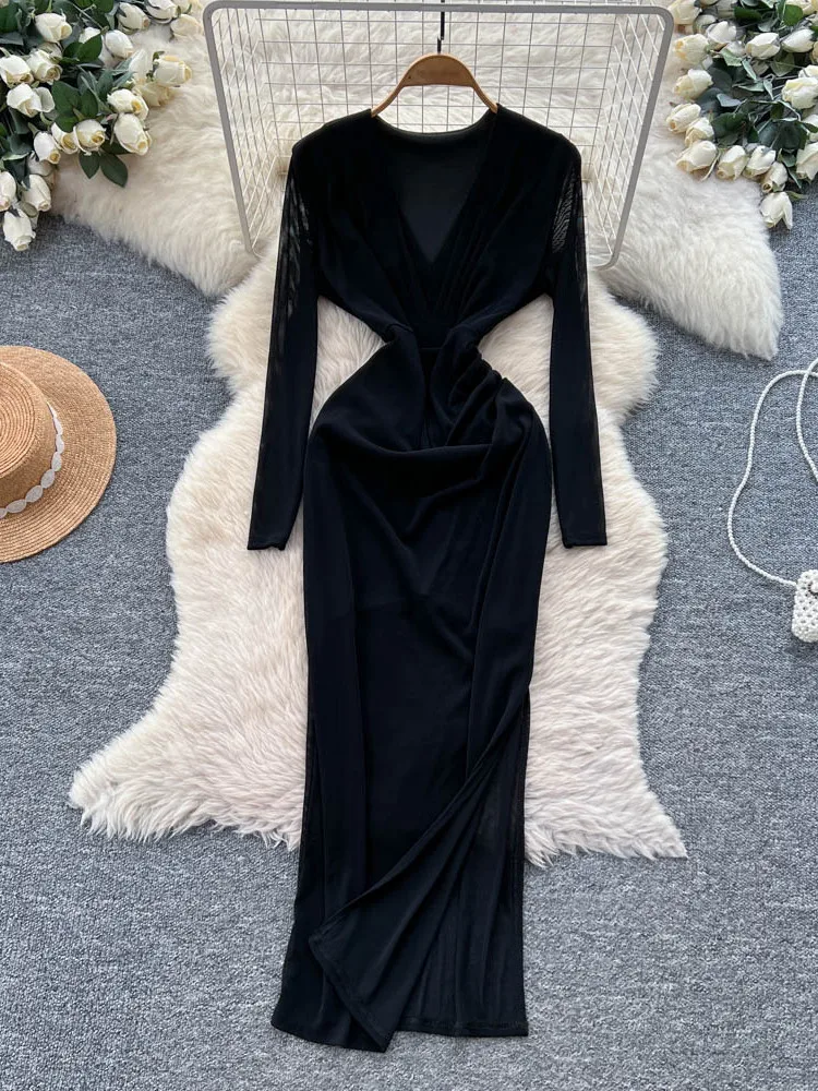 セクシーなVネックロングスリーブ、女性用デザイン、ハイウエストボディコンスカート、通勤用Aラインシルエット、ポリエステル繊維