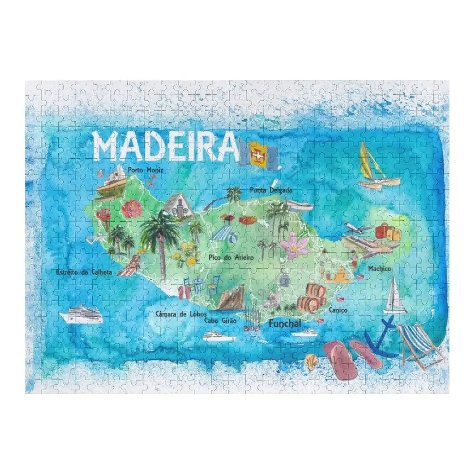 

Иллюстрированная карта острова Португалии Madeira с ориентирами и мелированием Головоломка из дерева на заказ Персонализированная деревянная головоломка