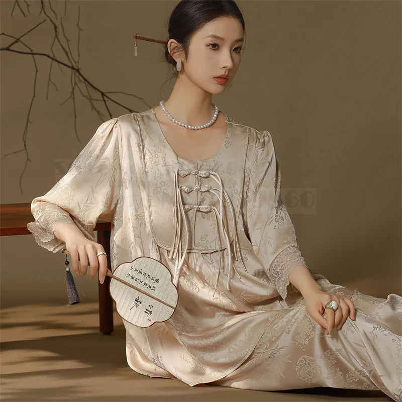 

New Chinese Style Female Pajamas Set 2PCS Trouser Pijamas Suit Elegant Jacquard Sleepwear Casual Satin Homewear Loungewear