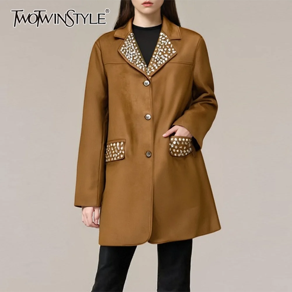 

TWOTWINSTYLE Solid Loose Spliced Diamonds Fashion Blazers for Women Lapel Long Sleeves Patchwork Single Breasted Blazer Female
