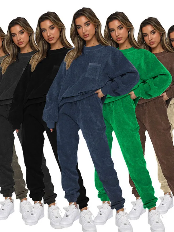 

Женский вельветовый комплект из двух предметов: однотонный повседневный спортивный костюм с круглым вырезом, пуловер из полиэстера