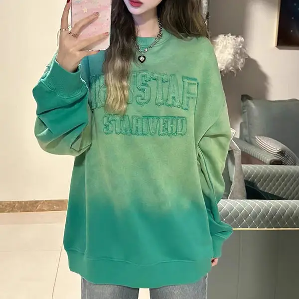 

Sweater Women Green Gradient Round Neck Autumn Loose Long-Sleeved Top Y2k Clothing Pullover Harajuku Hip-Hop Plus Size