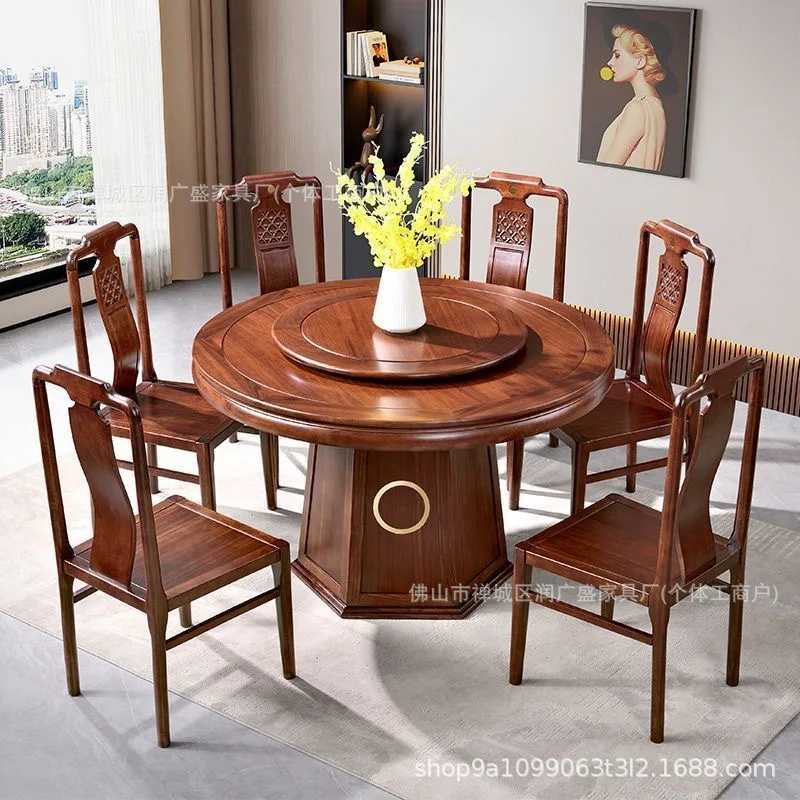 Dining Table Ebony Chinese Round All-solid Wood Dining Table And Chair Combination Living Room Simple Chinese Turntable Round Ta
