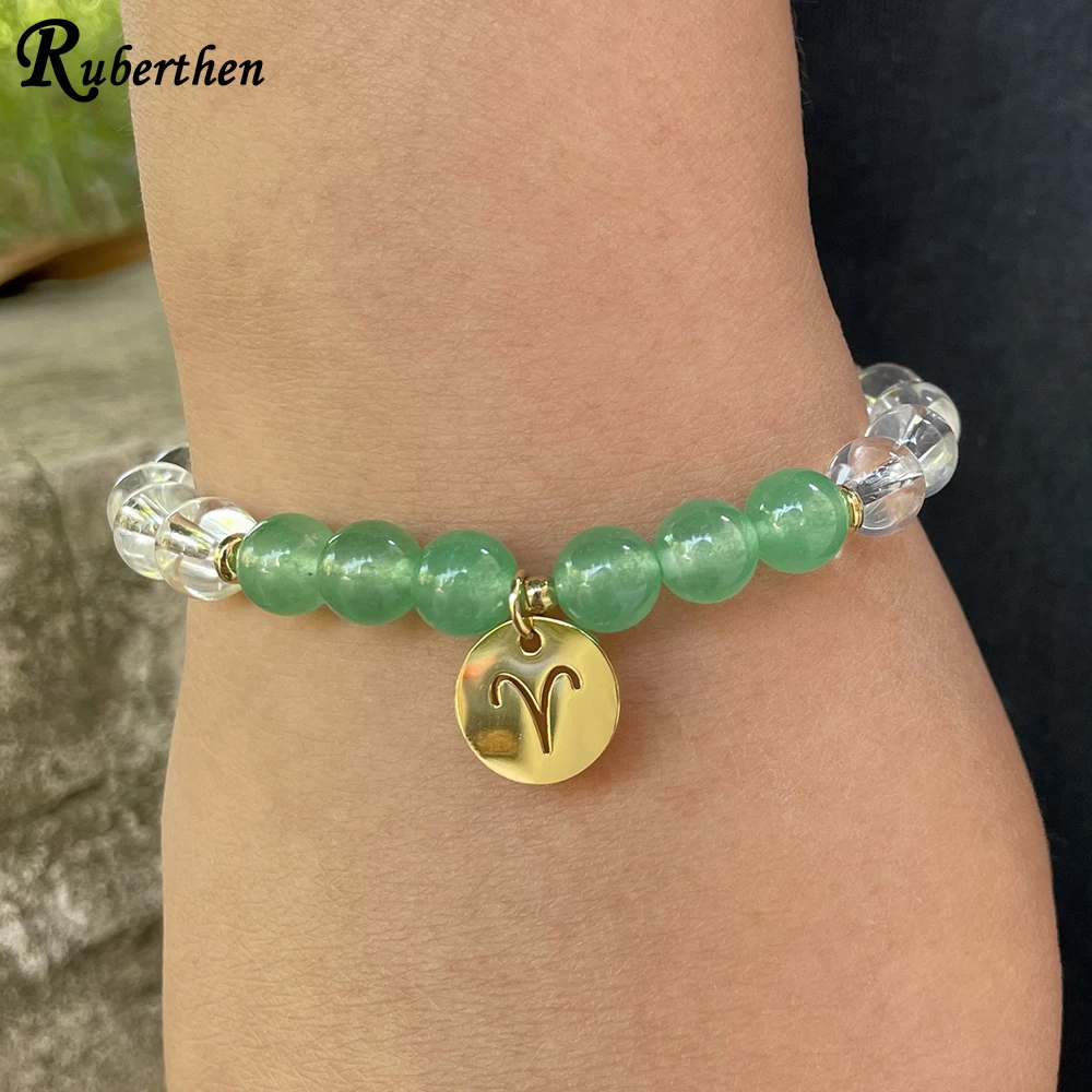 Ruberthen New Design Aries Zodiac Gemstone Bracelet Green Aventurine Clear Quartz Healing Crystals Jewelry Birthstone Gifts