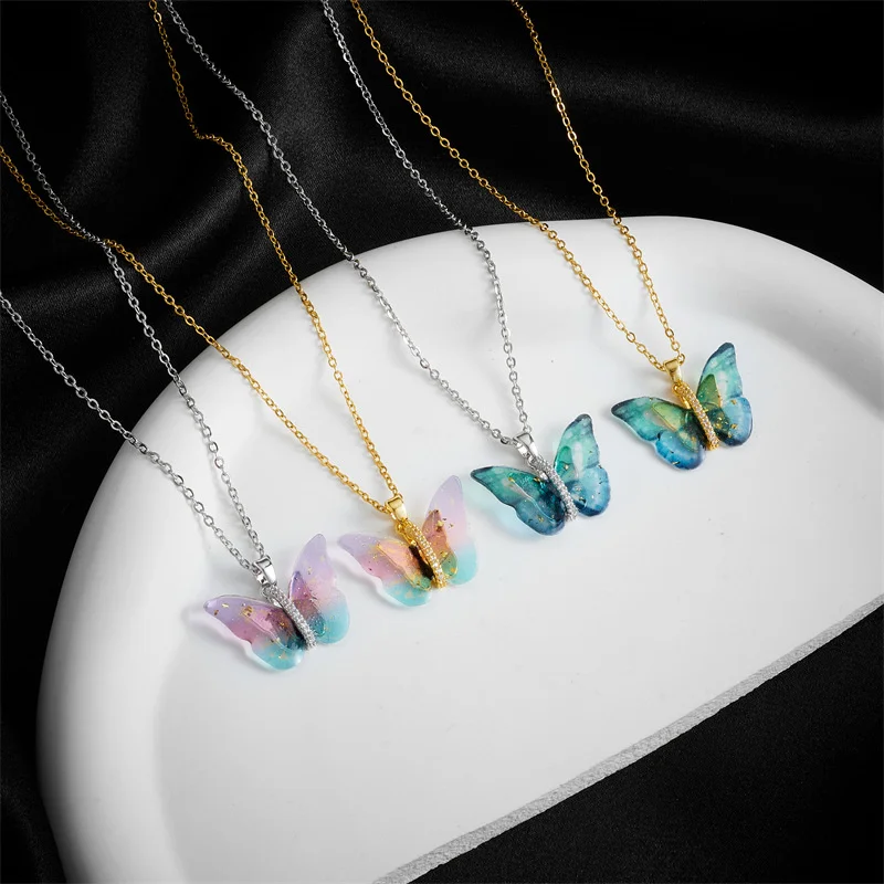 Titanium Steel Necklace Popular for Women Drop Glue Color Butterfly Shape Pendant Collarbone chain accessories Fashion Jewelry