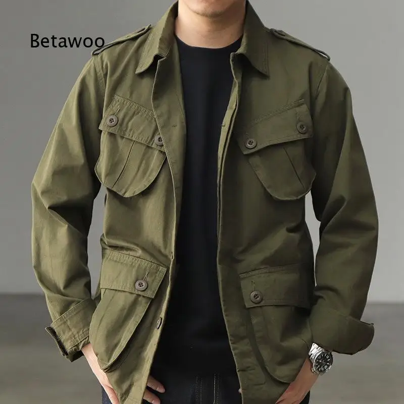 Men Lapel Button Up Military Cargo Jacket Multi Pockets Outerwear for Spring Autumn Daily Casual Outdoor Wear