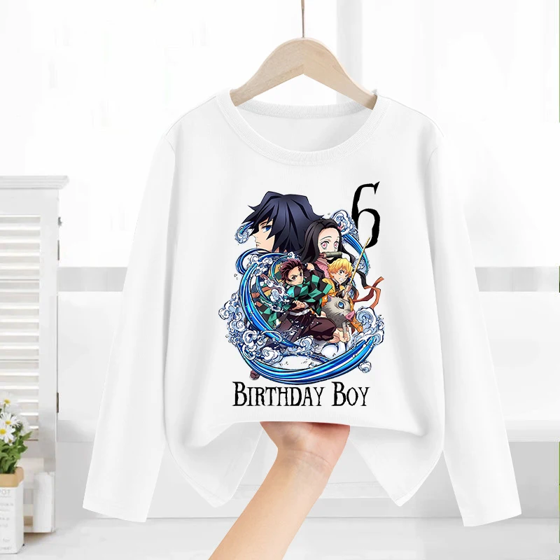 

New Demon Slayer Children Long-sleeved Shirt Boys Girls Age 1-9 Birthday Party Tops Anime T Shirt Autumn Clothing Birthday Gift