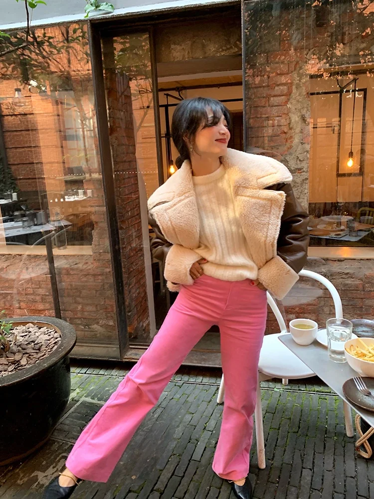 

Розовые вельветовые брюки прямого кроя с высокой талией для женщин, повседневные, стройнящие, в деловом стиле