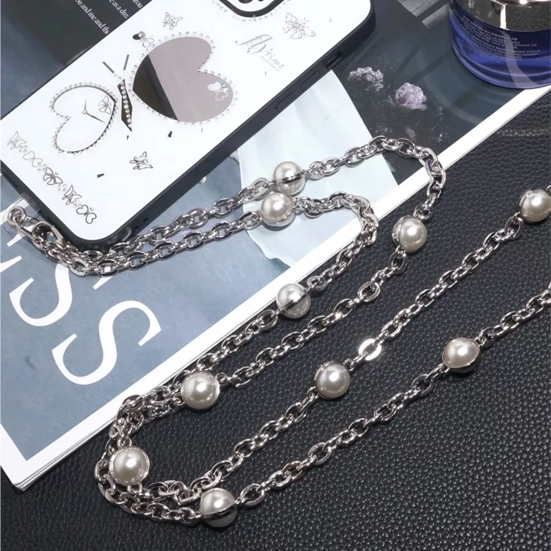 Long Crossbody Lanyard Sparkling Metal Pearl Handmade Beaded Chain Mobile Phone Lanyard Neck Strap Anti Loss Strap For iphone