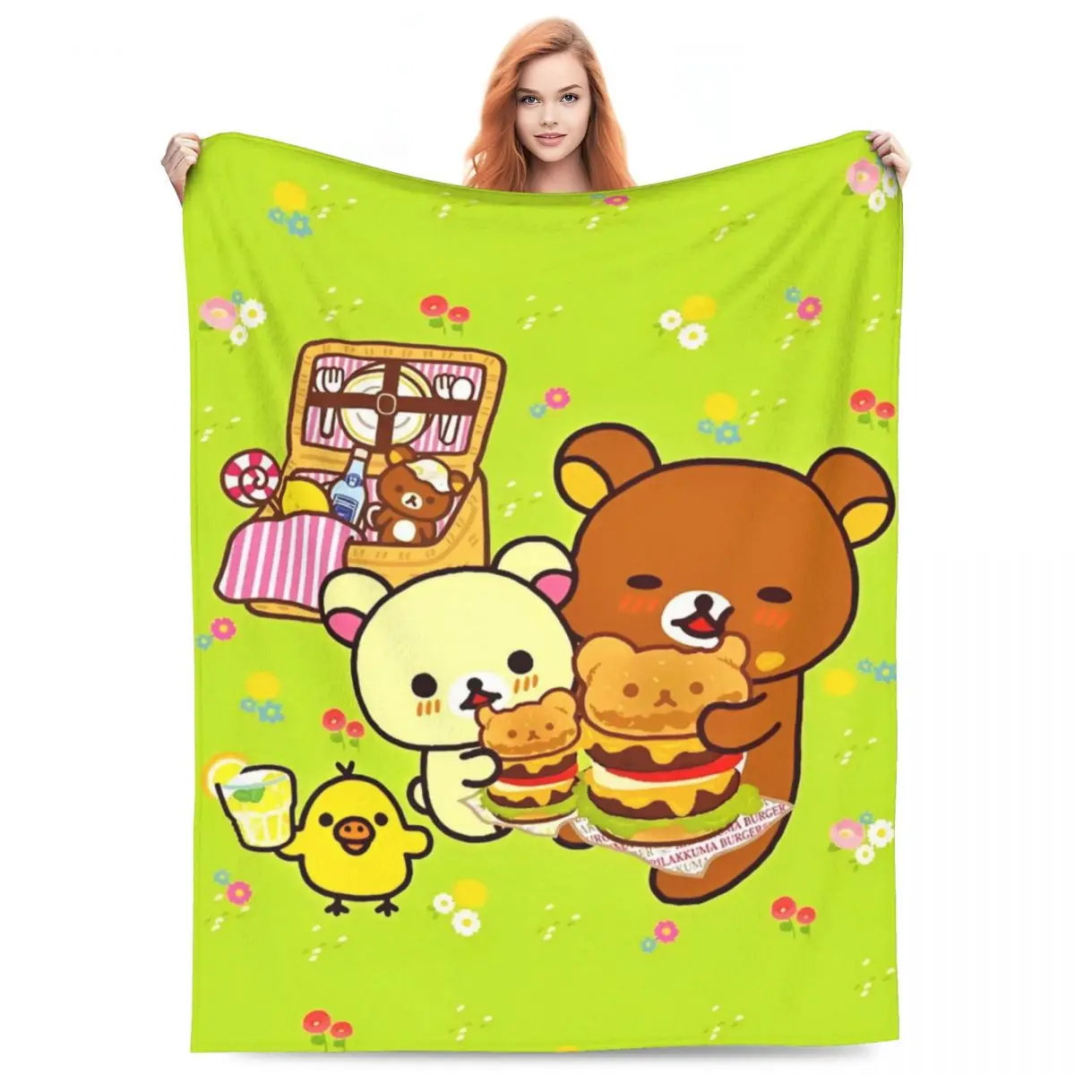 Rilakkuma Cartoon Blanket Airplane Travel Flannel Throw Blanket For Couch Chair Soft Warm Custom Quality Bedspread Birthday Gift