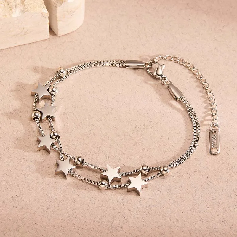 Stainless Steel Star Chain Bracelets for Women Men Fashion Silver Color Five Pointed Star Link Wristband Bracelets Jewelry Gift