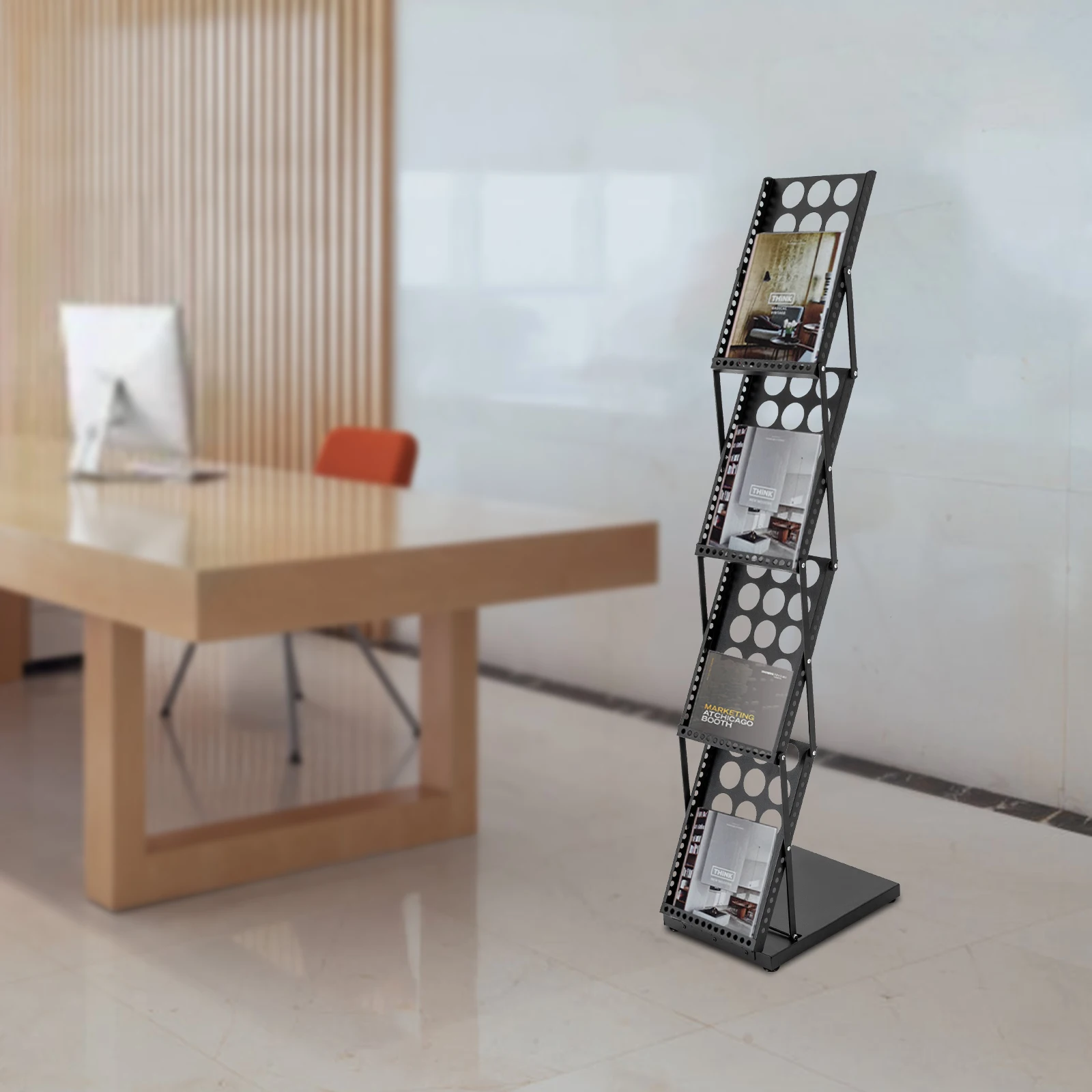 Support de brochure portable A4 36*27*132 CM, présentoir et porte-revues pliable avec 4 poches pour exposition et salon professionnel