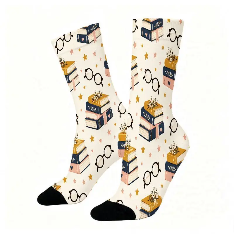 A Pair of Crew-cut Hosiery Featuring Book Stack and Glasses Print, Vintage Literary Inspired Pattern with Aesthetic Stars Soft