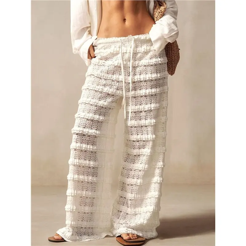 NEW-Women Drawstring Elastic Waist Multi Ruffle Eyelet Lace Wide Leg Pants Cover Up Beach Pants