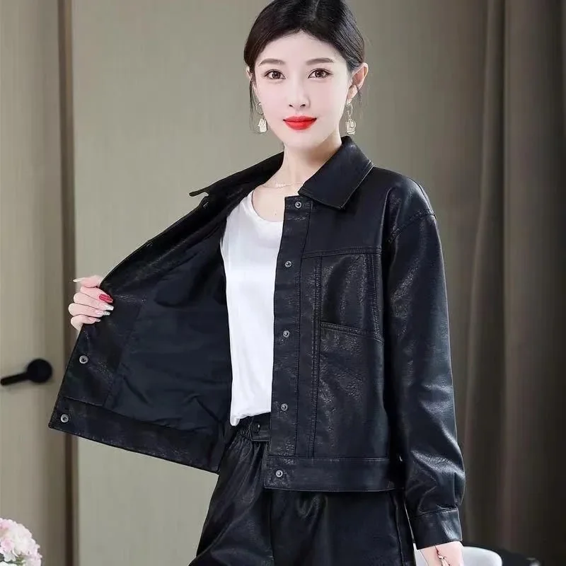 Women Jacket New in Coats Fashion Single-breasted Women's Short Leather Spring and Autumn Lapels Ladies Fashion Leather Coat