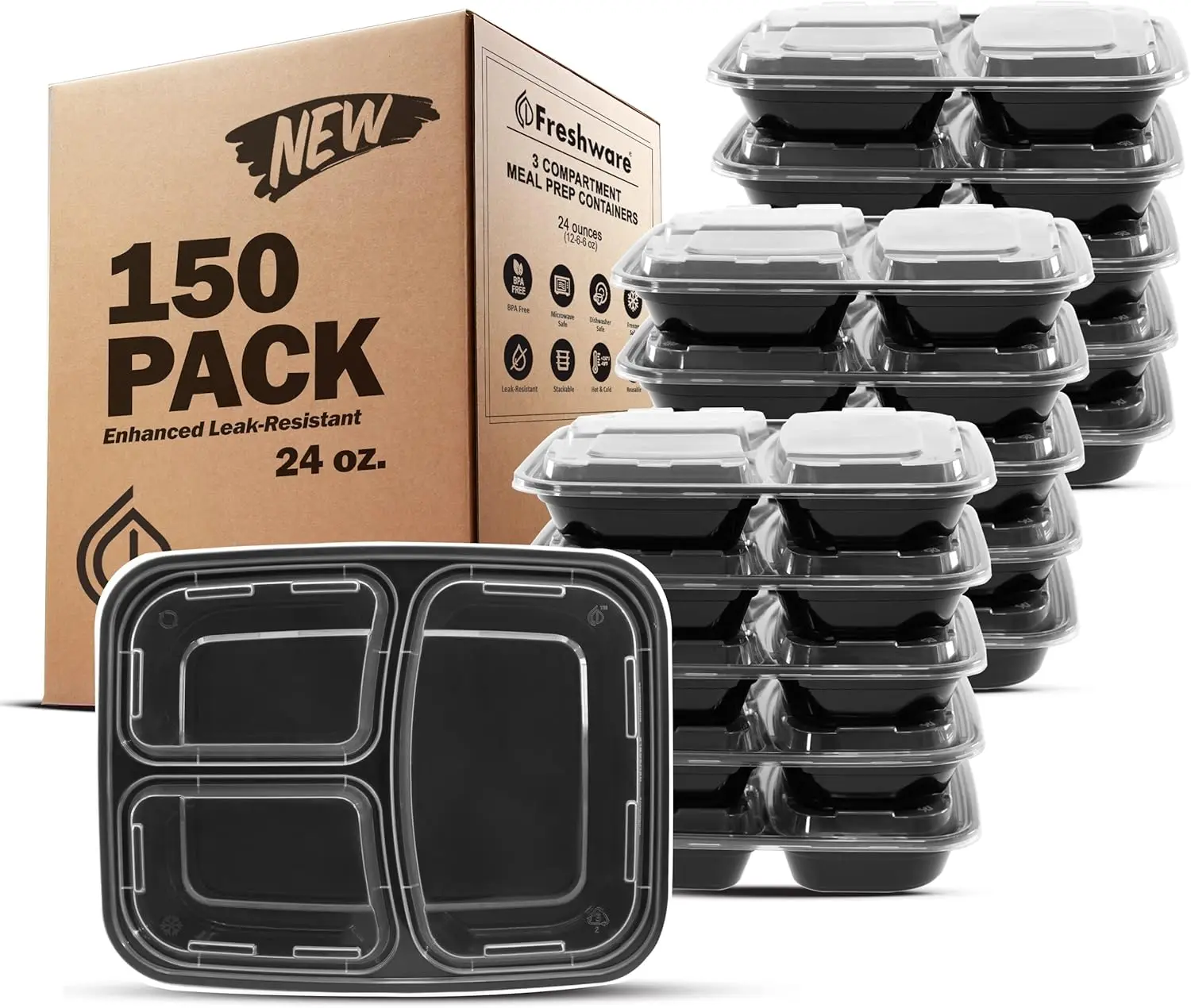 

150-Pack 3-Compartment Meal Prep Containers with Lids, BPA-Free, Stackable, Microwave/Dishwasher/Freezer Safe (24 oz)