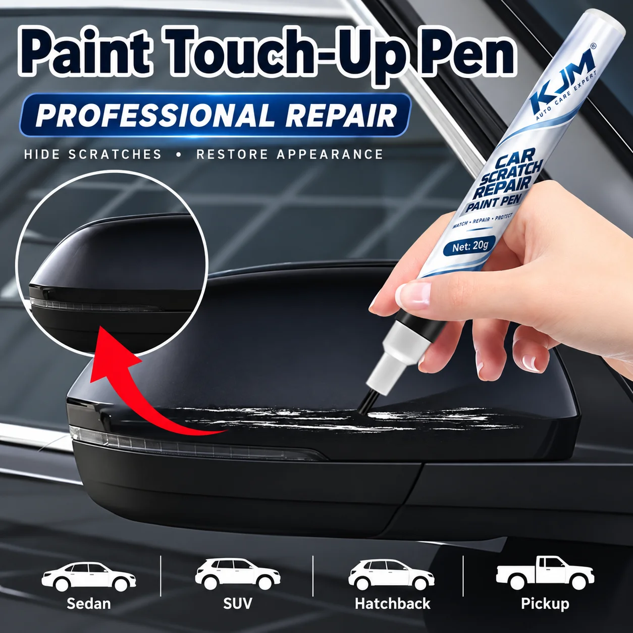 KJM Car Paint Touch Up Pen Black Scratch Repair Marker For Auto Door Bumper Fender Quick Dry Adhesive Coating DIY Vehicle Repair