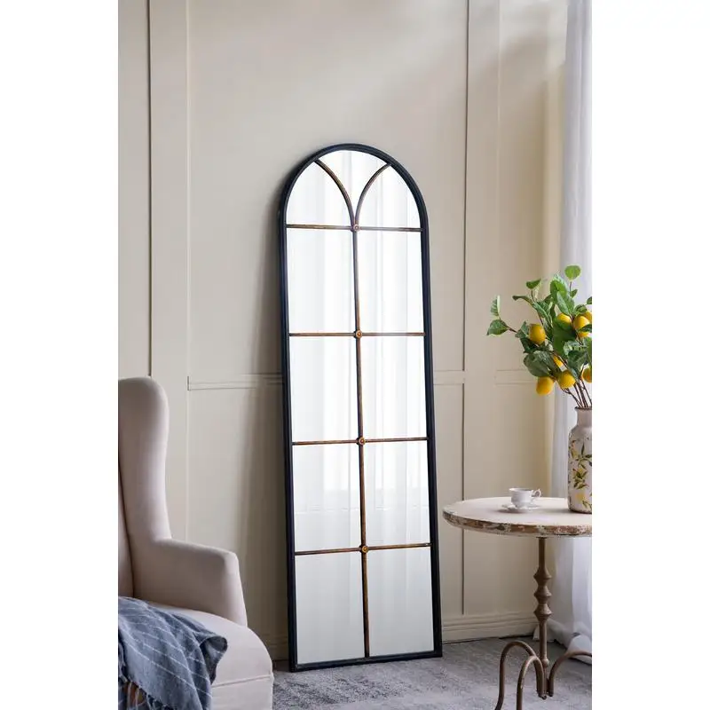 

23.5x74.5 Inch Arched Floor Mirror with Black and Gold Windowpane Design
