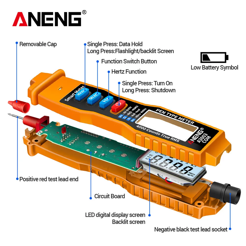 ANENG A3003 Digital Multimeter Pen Type Meter 4000 Counts with Non Contact AC/DC Voltage Resistance Capacitance Hz Tester Tool