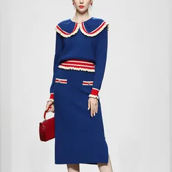 2024 Spring New Sweet 2-częściowy zestaw damski z dzianiny w kontrastowym kolorze Peter Pan Collar Long Sleeve Sweater Top + Slim Wrap Skirt Suit