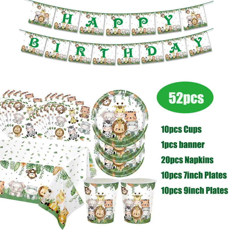 Jungle Birthday Decorations Party Supplies Animals Theme Tableware Tablecloth BackdropPaper Cups Plates Balloons Set Kids Favor