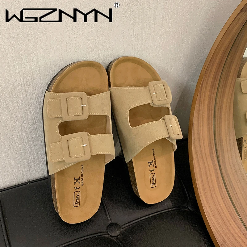 Summer Women Sandals Flats Cork Slippers Casual Shoes Fashion Leather Buckle Beach Slides Flip Flop Luxury Designer Slippers