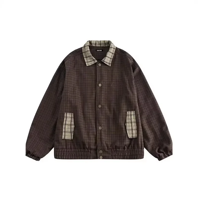 Japanese Retro Plaid Harajuku Casual Jackets for Men Korean Fashion Patchwork Lapel Loose Jacket Coats Y2k Streetwear