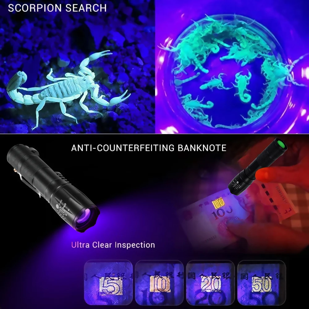 Lanterna dupla de luzes roxas e brancas, Tocha ultravioleta, Zoom retrátil, Lanterna UV, Detecção de agente fluorescente, Lâmpada portátil