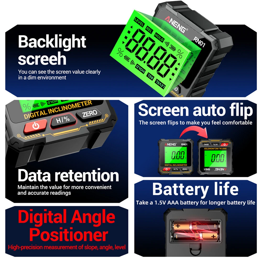 

RN01 Digital Goniometer Electronic Level Box Electronic 360Degree Angle Ruler Backlight Protractor Woodworking Inclinometer Tool