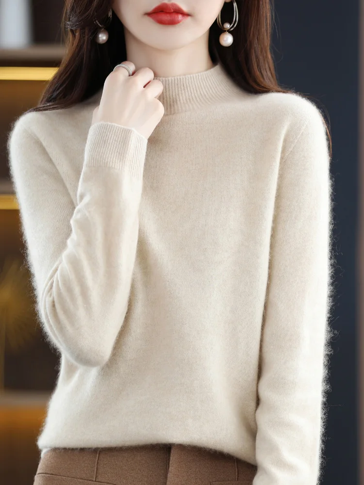 Long Sleeve 100 % Merino Wool Sweaters Cashmere  Pullover Autumn Winter  Mock Neck Women Knitted Tops Clothing Basic Knitwear