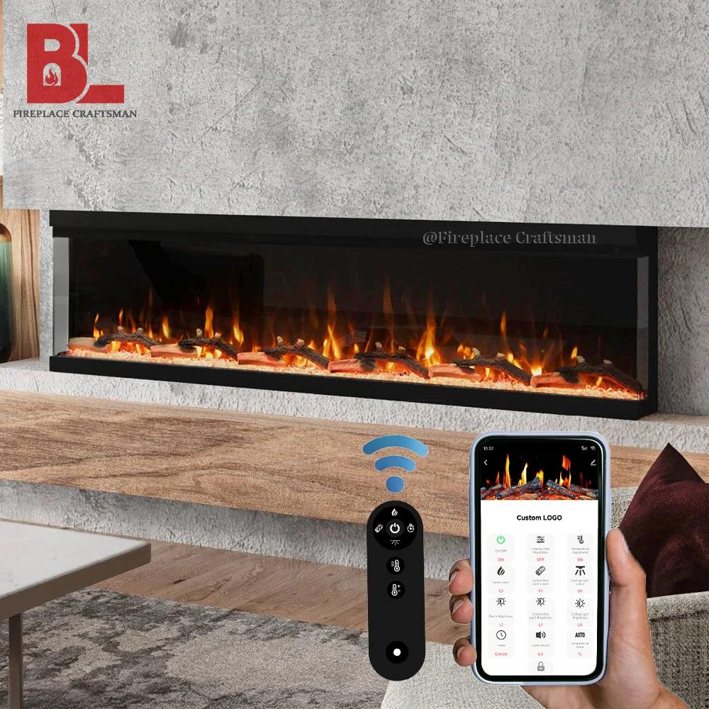 Custom In Wall Electric Fire Glass 3 Side Fireplace Indoor Led Decorative 3 Sided Electric Fireplace Heater