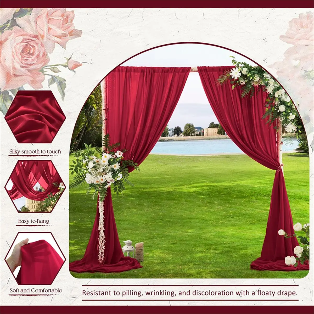 

L79A Wedding Arch Draping Fabric 29.5 Inch X 26.25Ft Sheer Curtain Drapes for Wedding Ceremony Wine Red