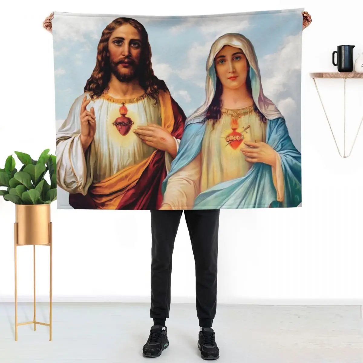 Sacred and Immaculate Hearts - III (Jesus and Mary) sky background Throw Blanket Plush Beautifuls Retros For Baby Beach Blankets