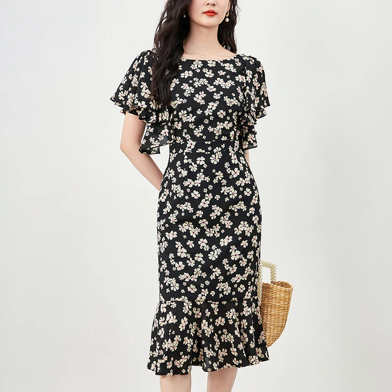 

Женское шифоновое платье с коротким рукавом, облегающее платье с оборками и цветочным принтом, лето 2024