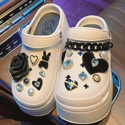 DIY 3D Black Rose Diamond Shoe Charms for Clogs Slides Sandals Garden Shoes Decorations Charm Set Accessories