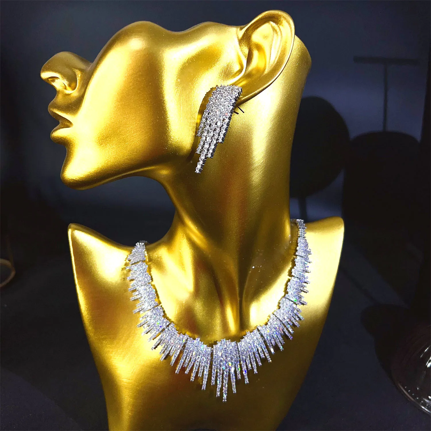 luxury jewrelry sets silver color zirconia sparkly necklace earrings bride wedding jewelry sets anniversary gift