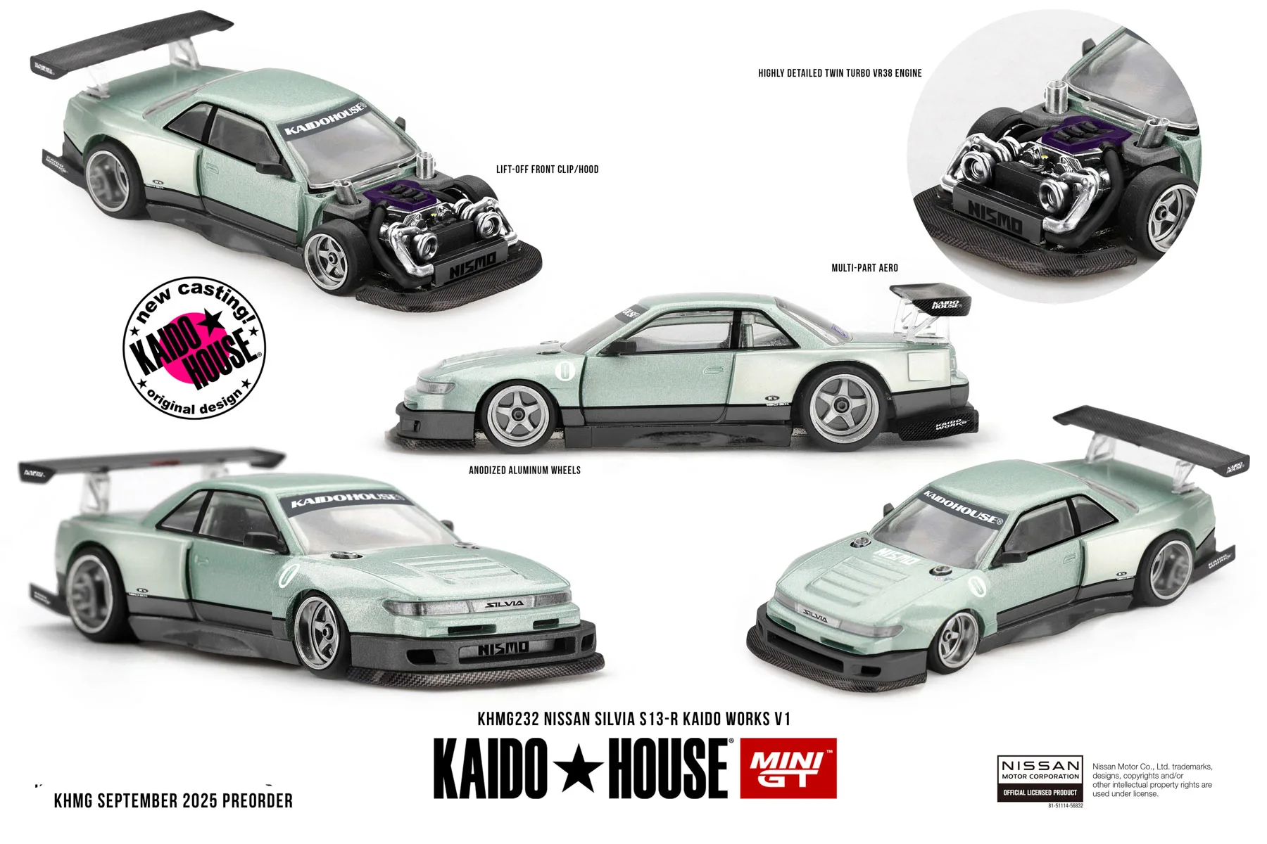 Kaido Huis + MINIGT Nissan Silvia S13-R KAIDO WERKT V1 KHMG232-CH Auto Legering Motorvoertuig Diecast Metaal Model Kinderen Speelgoed Jongens