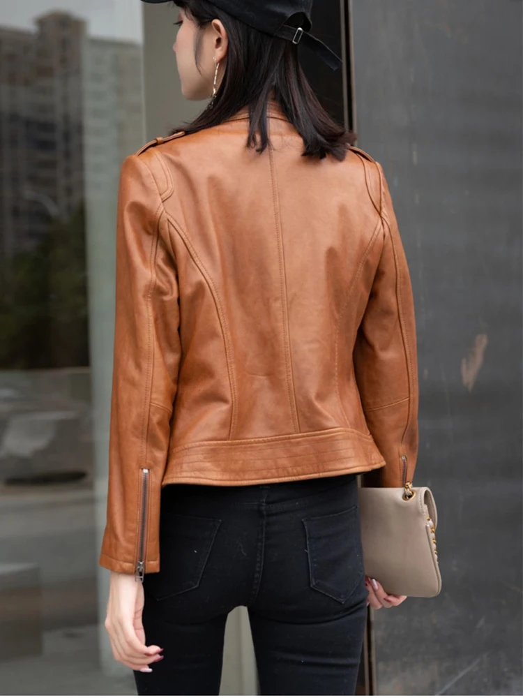 Spring Women's Khaki Black Real Sheepskin Leather Coat Slim Genuine Leather Jacket Coat