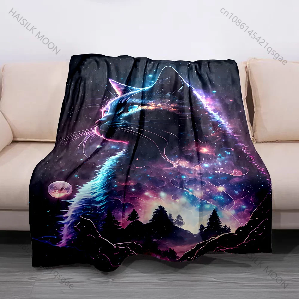 1PC Neon cosmic cat dreamy clouds Print Blanket Flannel Material Soft Warm for All Seasons Home Outdoor Camping Picnics RV
