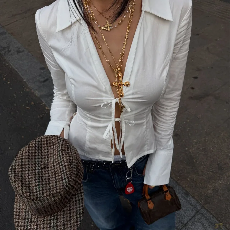

Ticketsx Lace Up Folds Top Women's White Deep V Neck Long Sleeve Shirt Female 2025 Summer Casual Slim Thin Streetwear Top Women