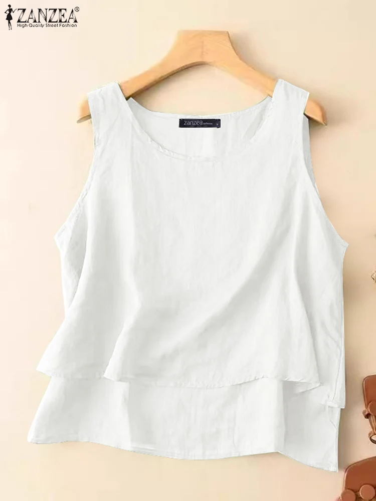 ZANZEA femmes été débardeurs hauts femme coton Camis solide sans manches Blouse décontracté col rond vacances chemise haut bas hauts surdimensionné