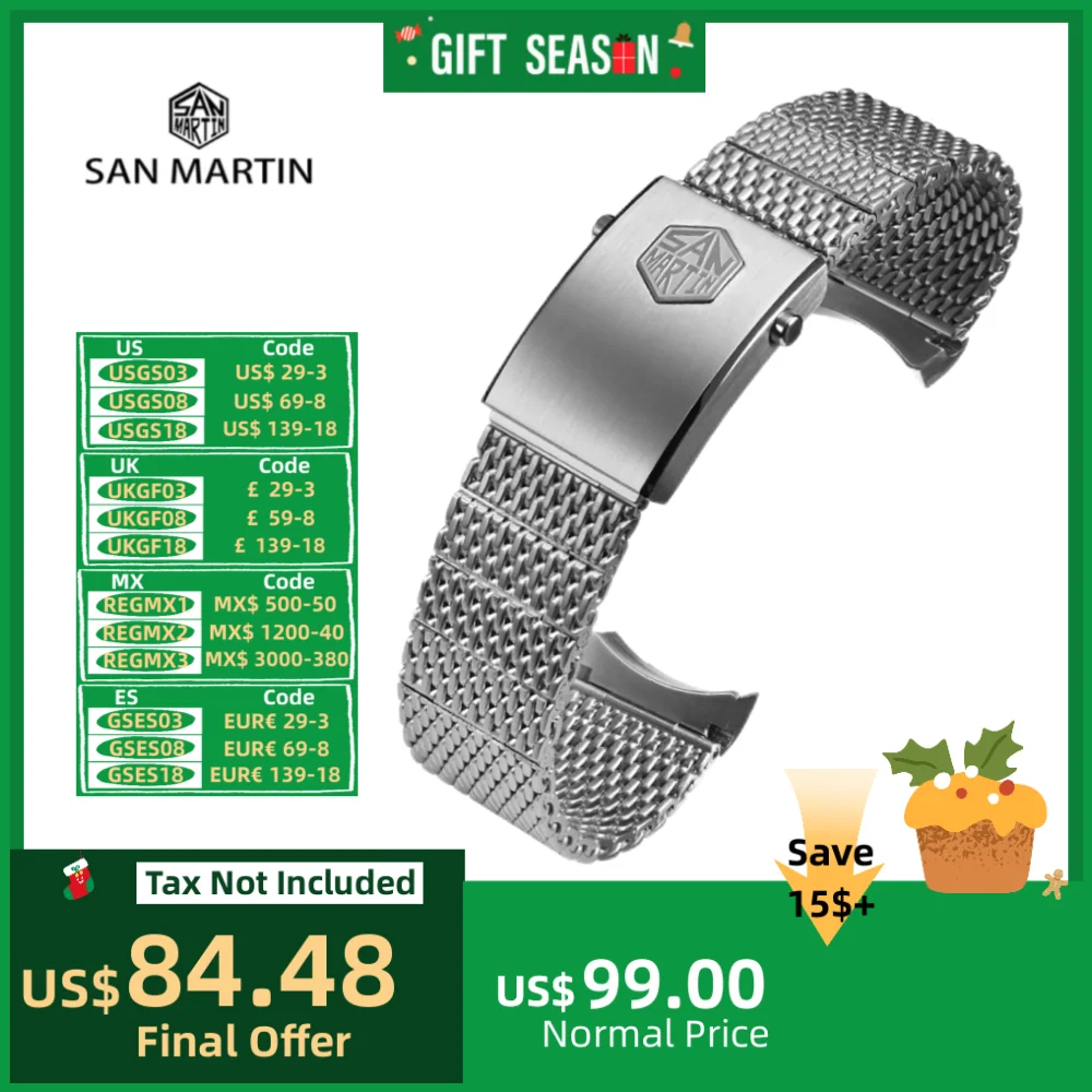 San Martin Flexible Milanese Mesh Bracelet 20mm Brushed Silver Steel Watch Band Fly Adjust Foldover Clasp SN0054F Luxury Classic