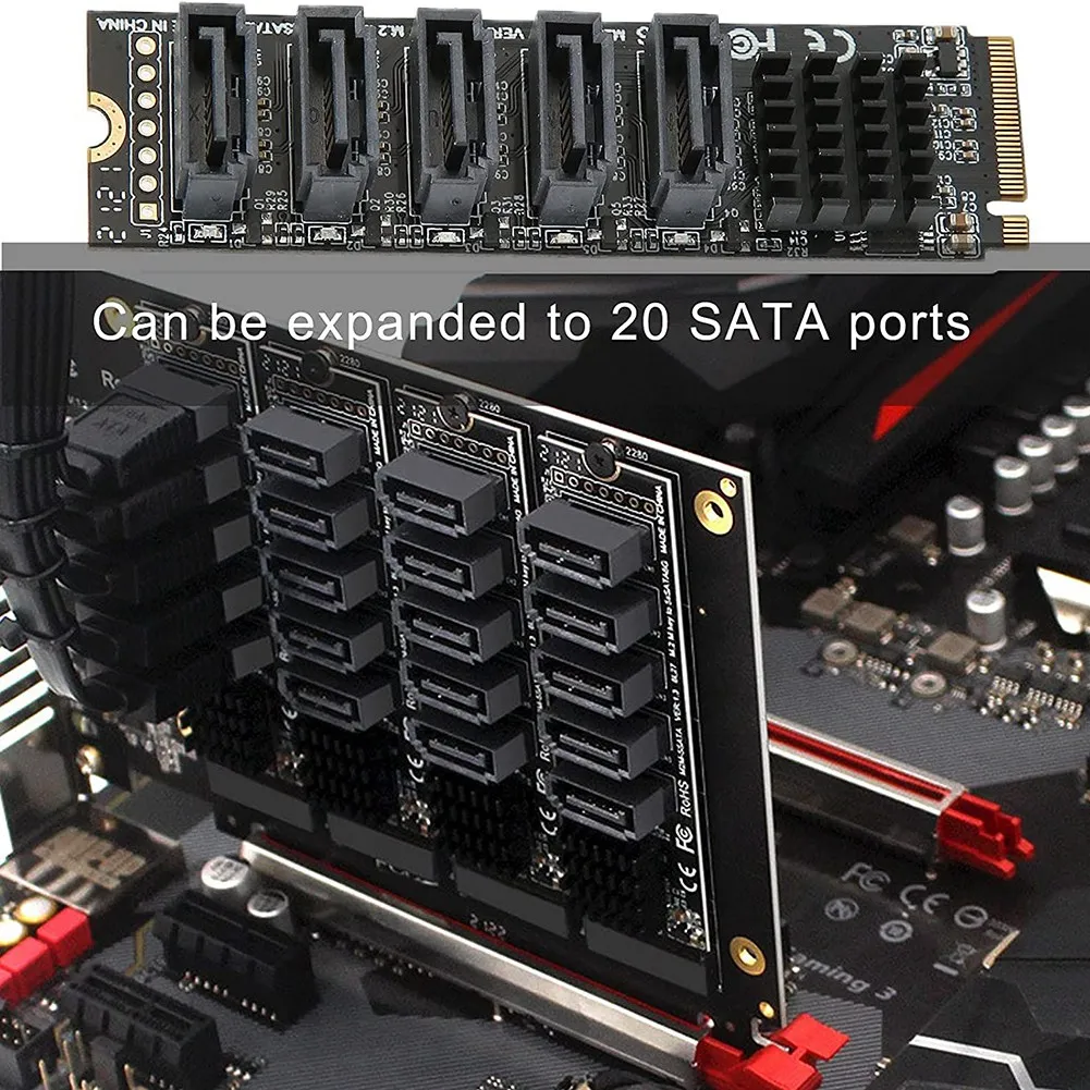 AT82-M.2 To Sata3.0 Adapter Card M.2 PCIE 16Gbps Sata 6G 5 Port Hard Drive Extension Hard Drive Converter Card JMB585 Chip