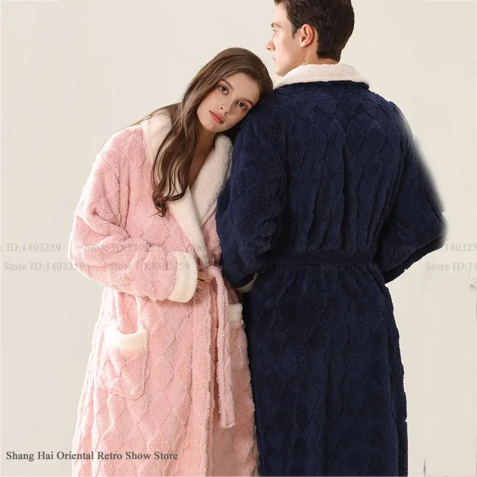 

Winter Thicken Flannel Couple Sleepwear Long Robe Kimono Gown Bathrobe Coral Fleece Women Nightwear Loose Homewear Loungewear