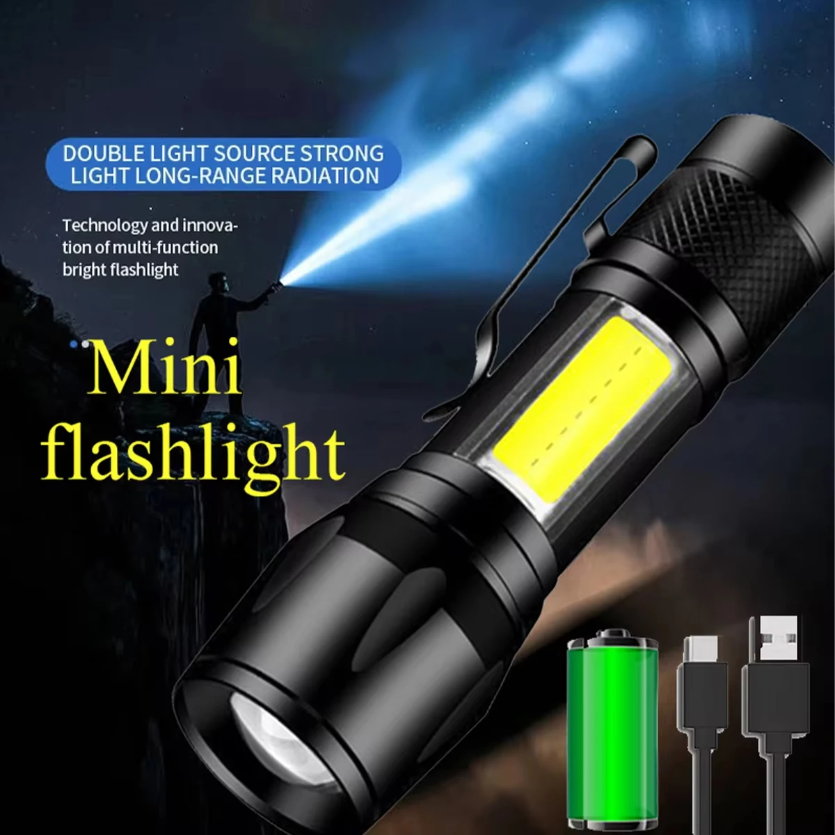 Powerful Mini LED Flashlight COB XPEZoom Torch Built In Battery USB Rechargeable With Pen Clip Outdoor Camping Emergency Lamp